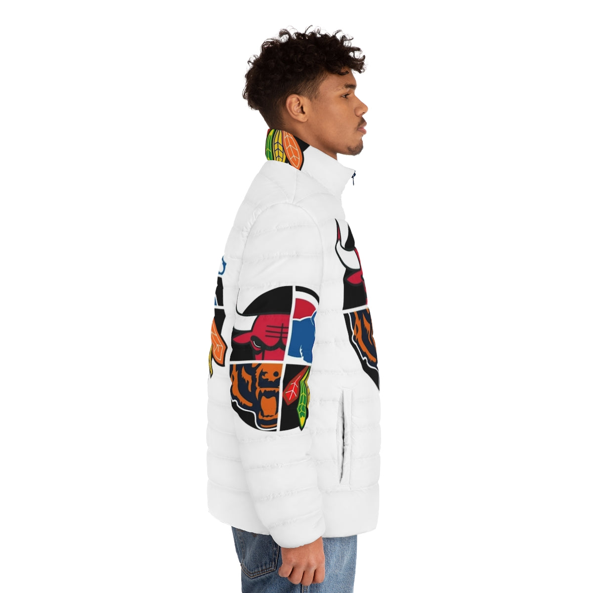 Chicago Northside Sports Quad Puffer Jacket featuring iconic Chicago sports teams and players - men side right