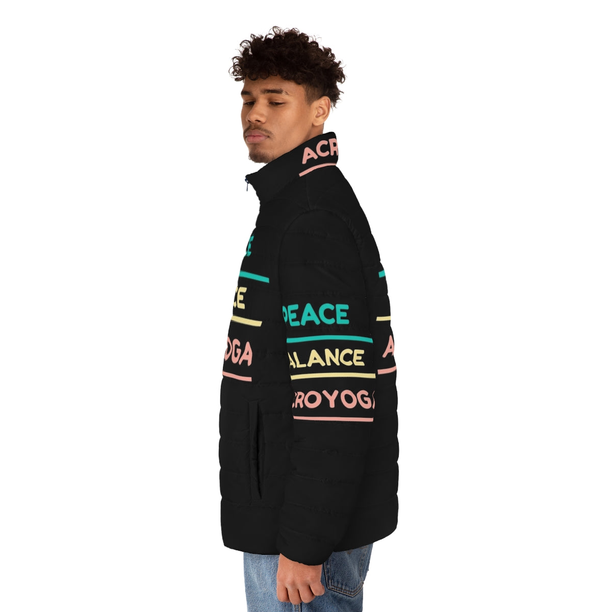 Acroyoga puffer jacket with pink, blue, and yellow colors and typography - men side left