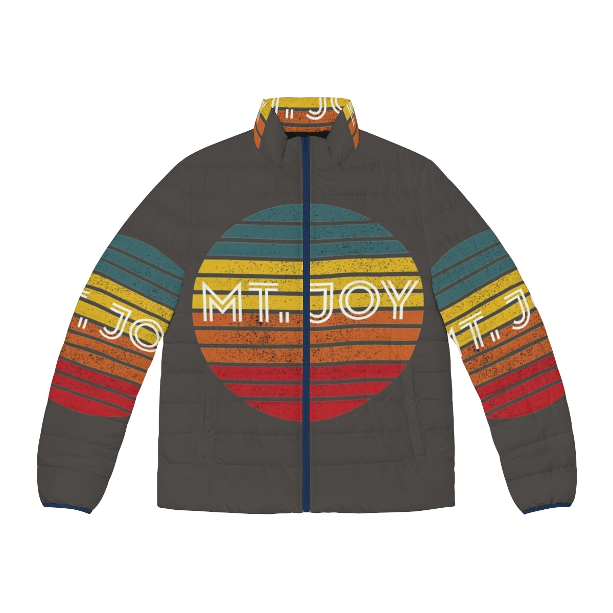 Retro vintage puffer jacket featuring a mountain and sunset design, perfect for music lovers