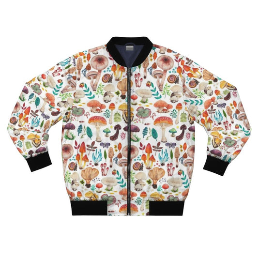 Watercolor floral and fungus pattern on a women's bomber jacket