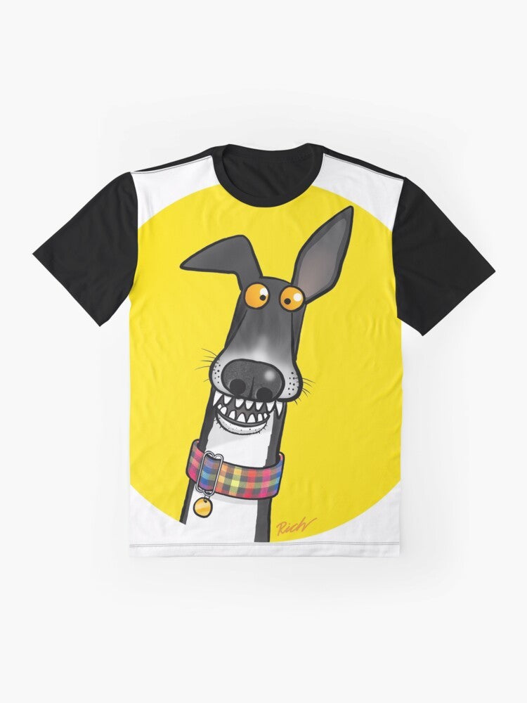 Graphic illustration of a greyhound, lurcher, and whippet with the text "Teefs!" on a t-shirt - Flat lay