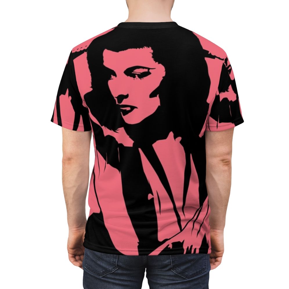 Artistic graphic t-shirt design with a portrait of classic Hollywood actress Katharine Hepburn - men back