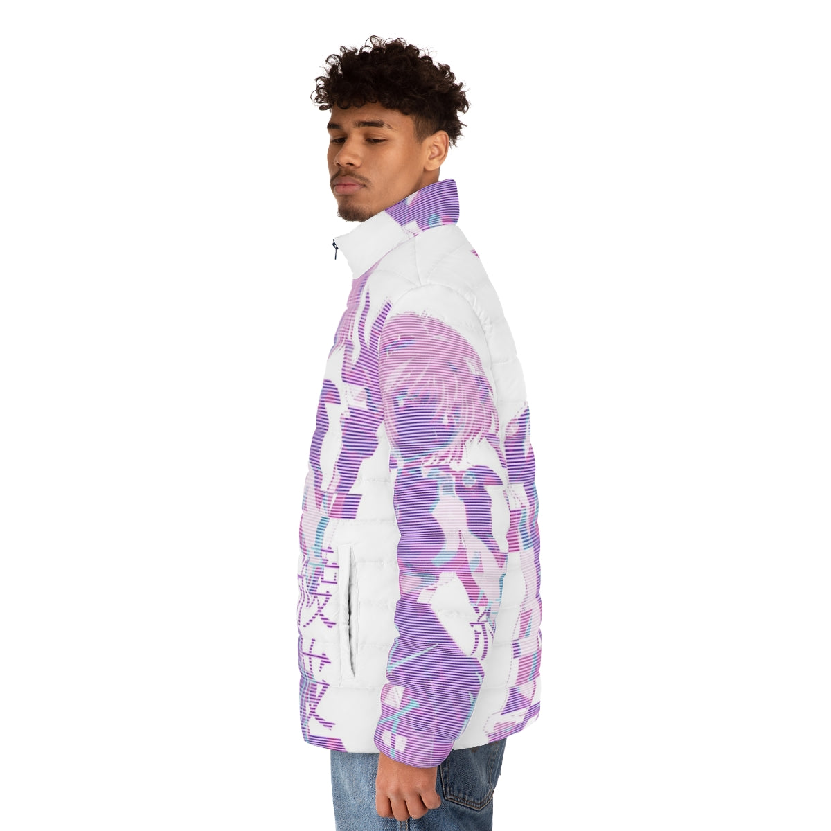 Rei Ayanami inspired EVA puffer jacket with vaporwave aesthetic design - men side left