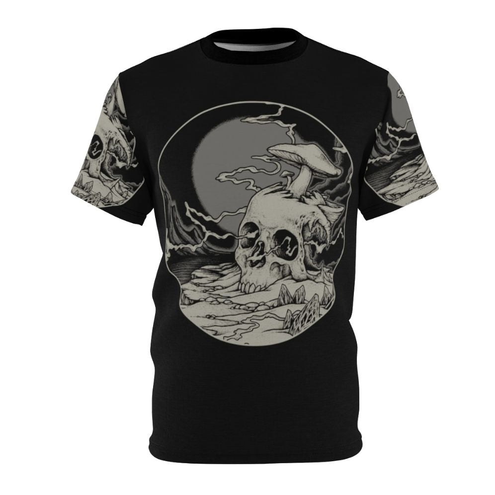 Psychedelic cosmic design with lost voyager, skull, and dark art elements on all-over-print t-shirt