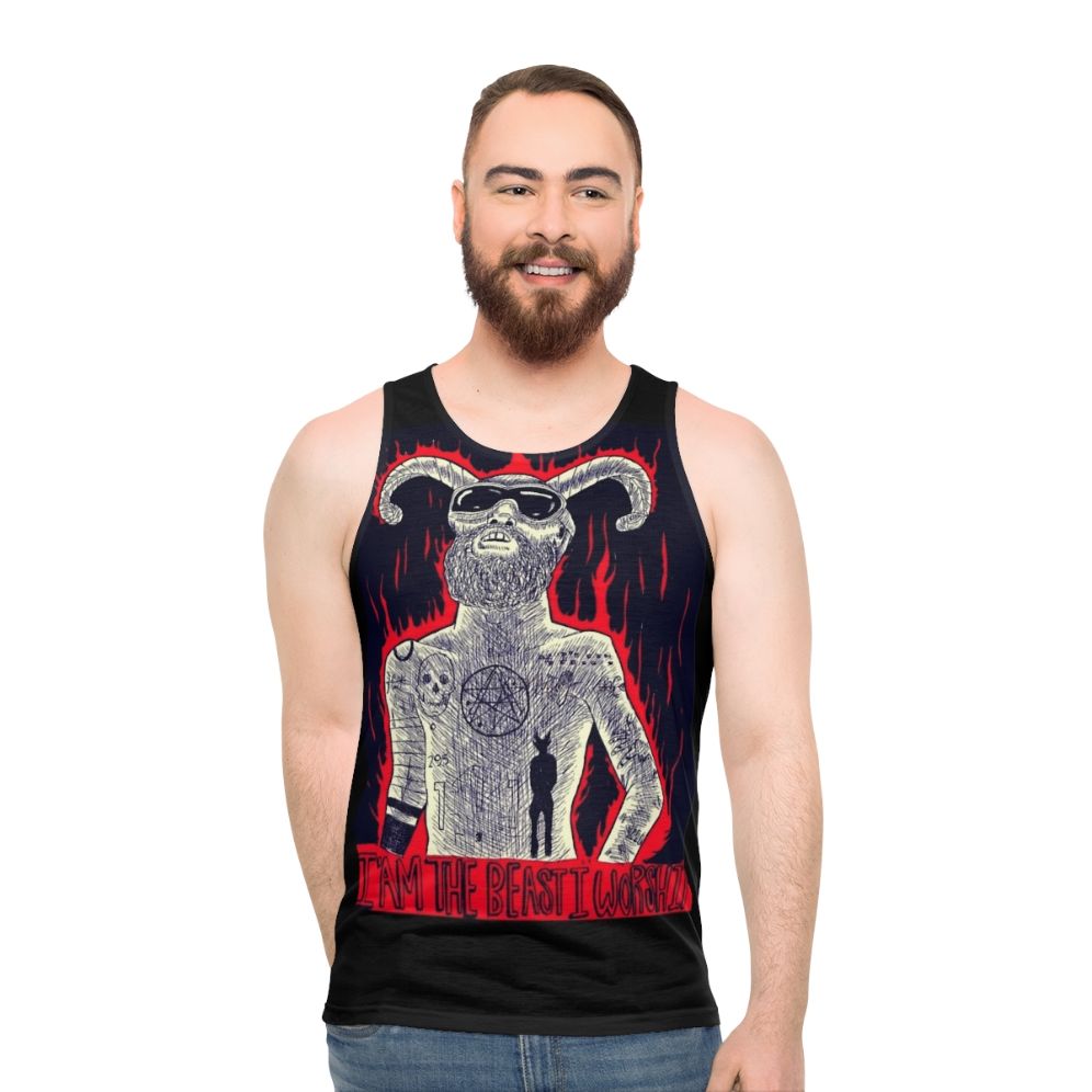 "Unisex tank top with 'I Am The Beast I Worship' design" - men