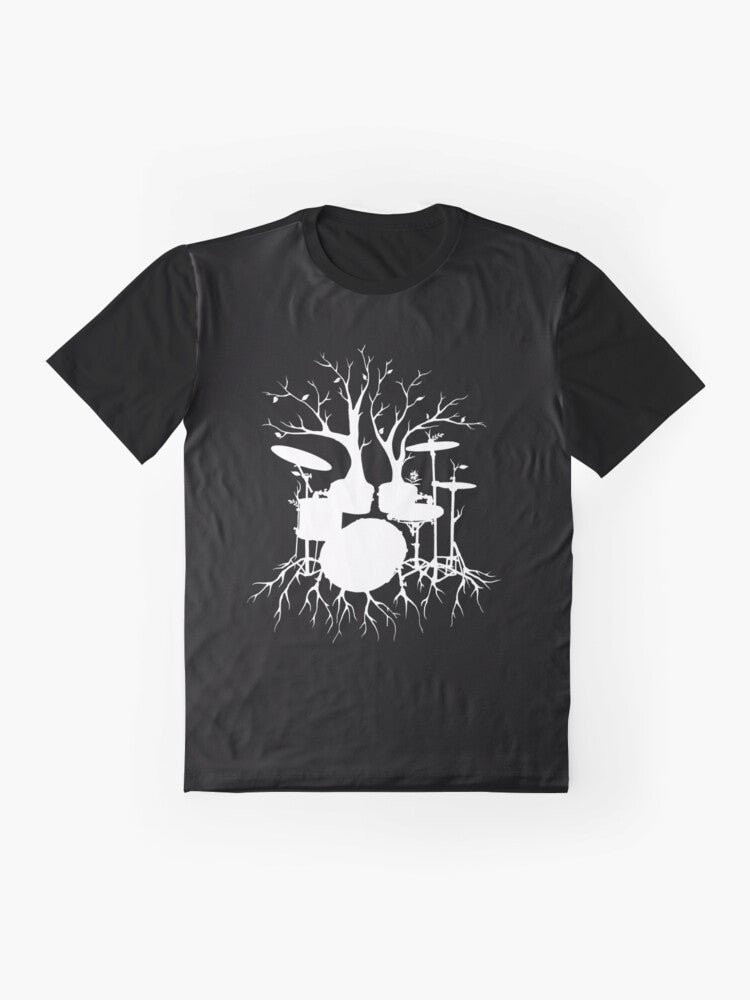 Surreal graphic t-shirt design featuring a silhouetted drum tree, symbolizing the connection between music and the natural world. - Flat lay