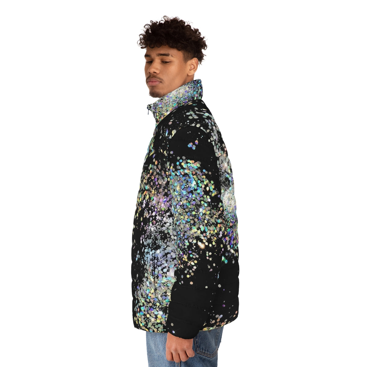 Black and multicolor sequin faux puffer jacket with glitter, ombre, and abstract patterns - men side left