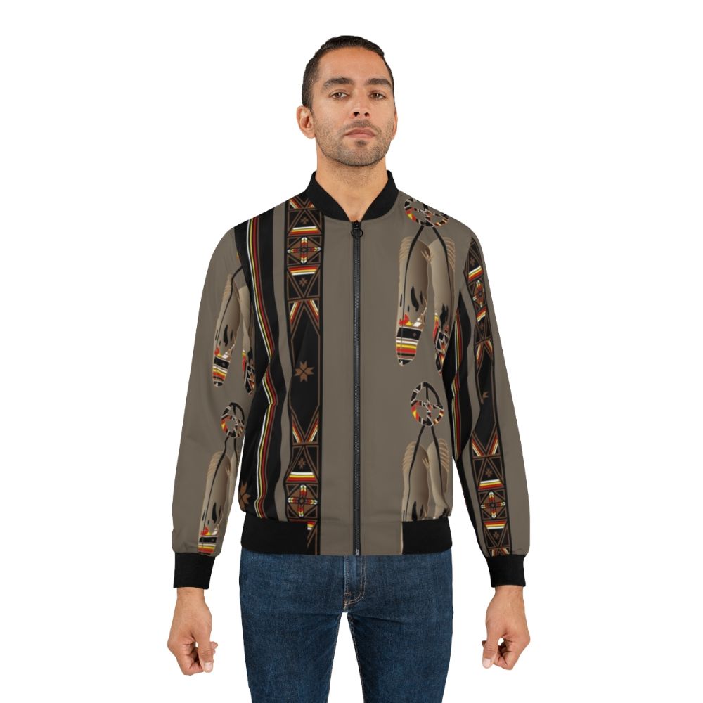 Native American inspired bomber jacket with feathers, eagle, and medicine wheel design - Lifestyle