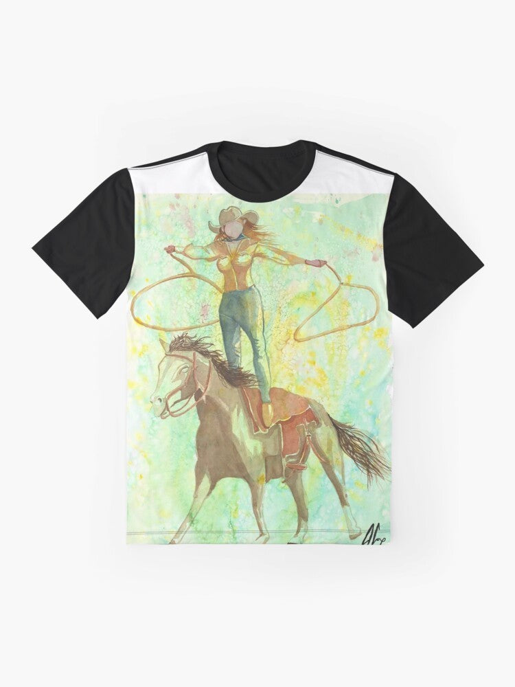 A watercolor-style graphic of a cowgirl trick roping while standing on a horse, with a western art and impressionism design. - Flat lay