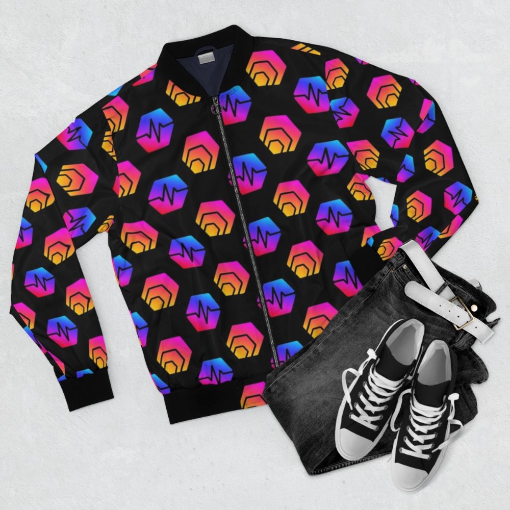 Bomber jacket with Hex Crypto and Pulsechain logo pattern design - Flat lay