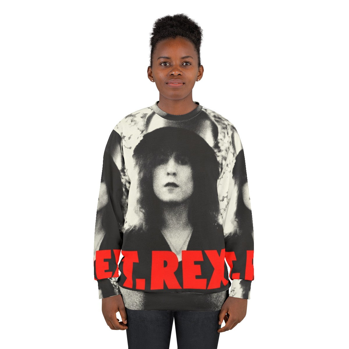 Retro T Rex Sweatshirt featuring the iconic glam rock style of Marc Bolan and T Rex - women