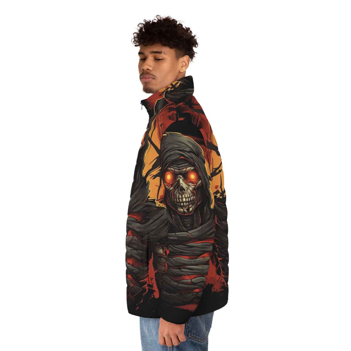 Dark 'Writhing Darkness' puffer jacket with spooky mummy design - men side left