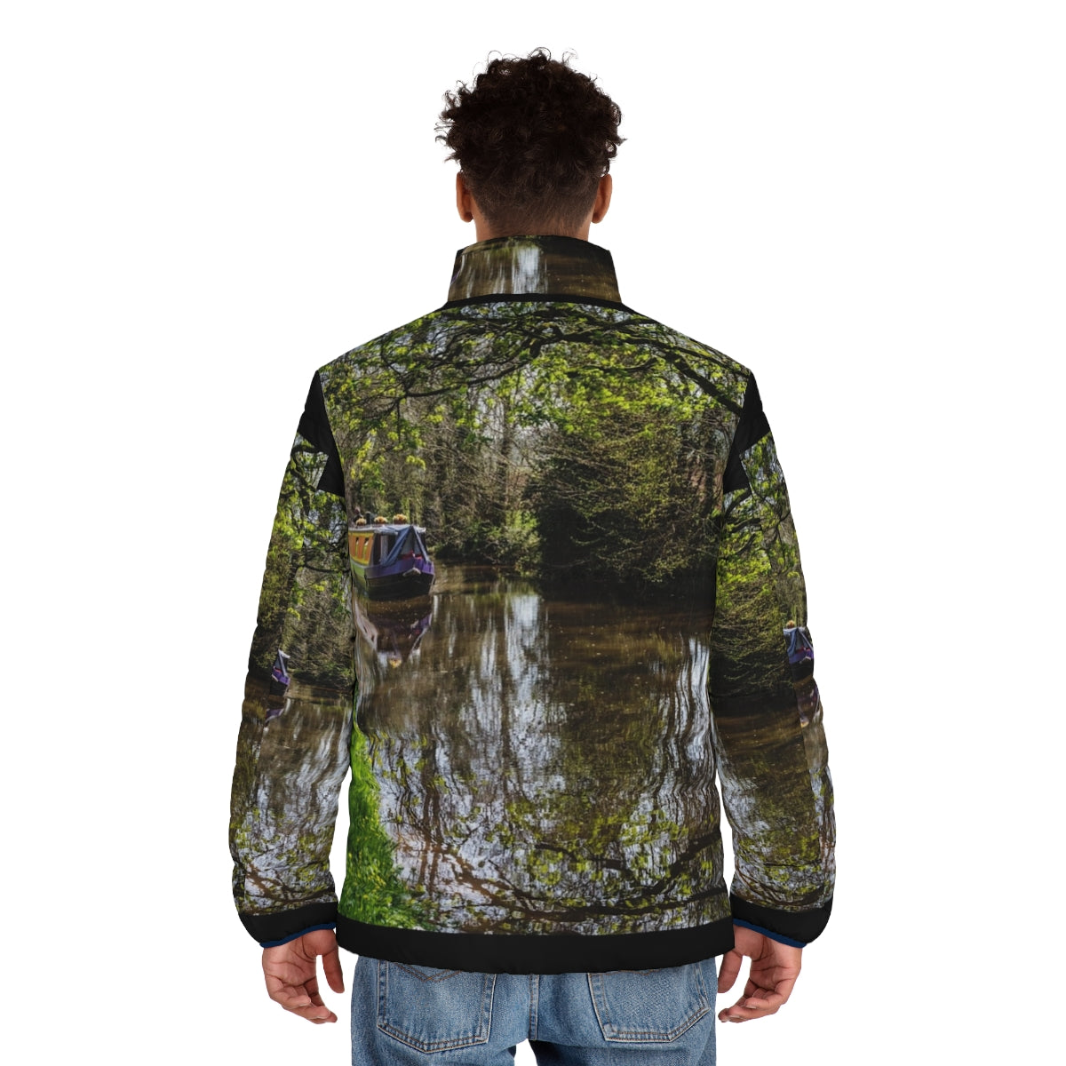 Puffer jacket featuring a scenic canal barge and reflections - men back