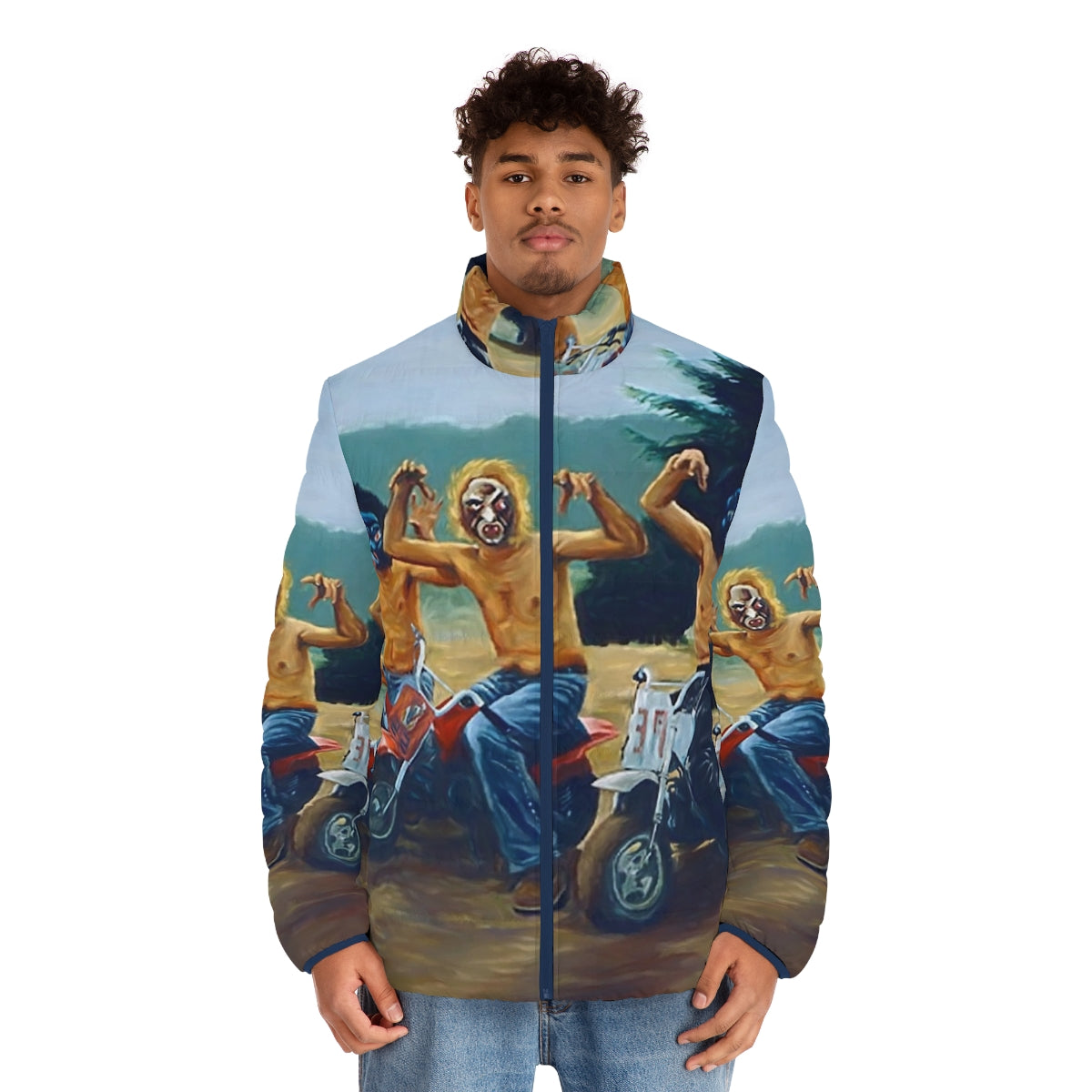 Puffer jacket featuring a painting from the iconic Wes Anderson film The Royal Tenenbaums - men front