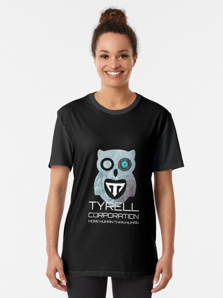 Bladerunner sci-fi graphic t-shirt featuring replicants, Tyrell Corporation, and futuristic imagery - Women