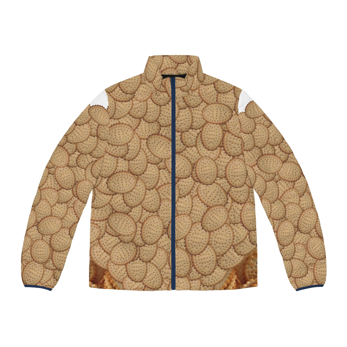 Chicken Crimpy Shapes Puffer Jacket featuring a collage of iconic Arnotts biscuits