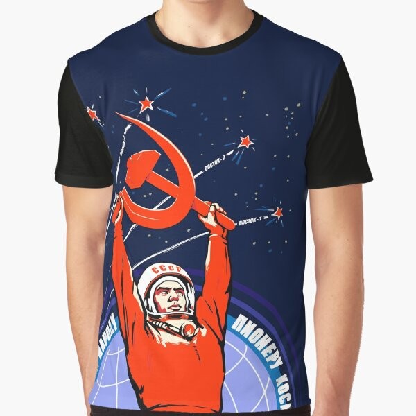 Vintage Soviet propaganda-style graphic featuring cosmonaut Yuri Gagarin and a spaceship