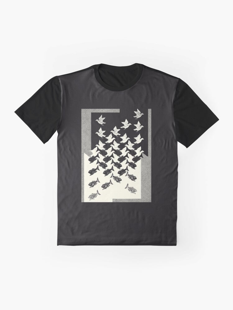 Vintage graphic t-shirt featuring M.C. Escher's "Sky and Water II" artwork with a dark background - Flat lay