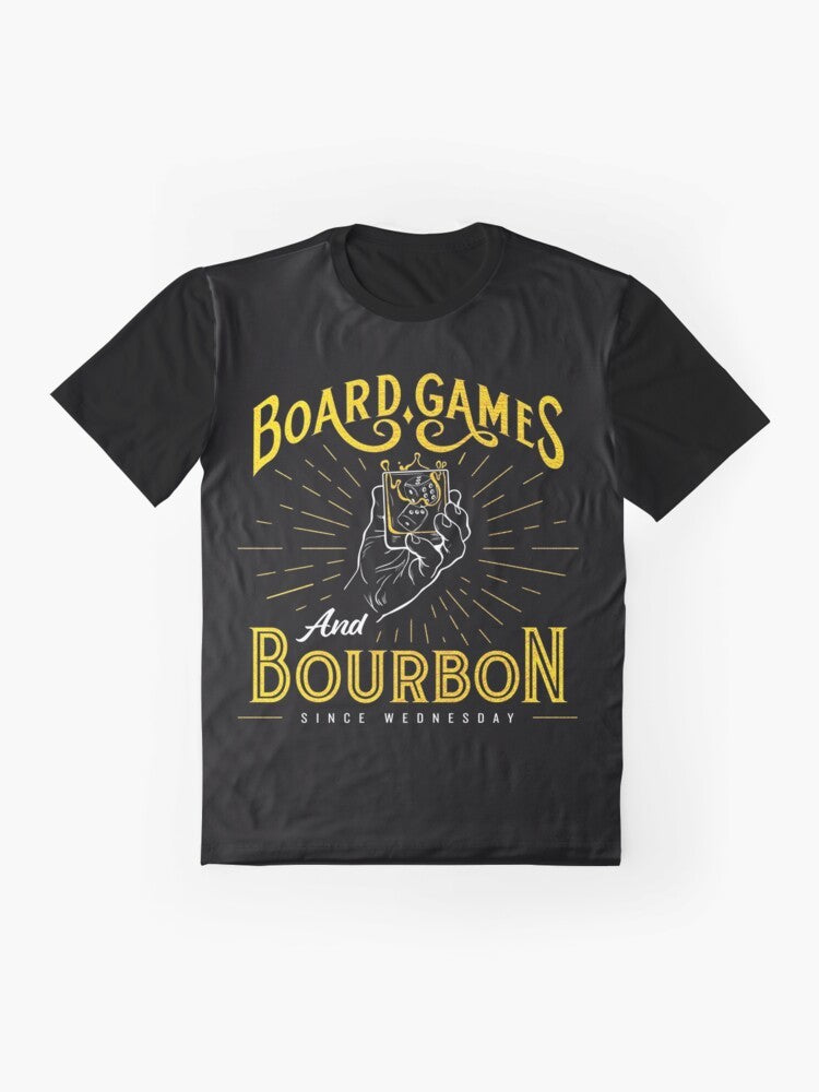 Board Games and Bourbon Graphic T-Shirt with Funny Drinking Design - Flat lay