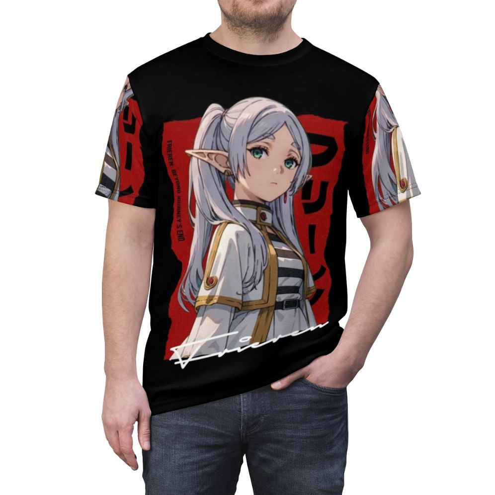 Frieren-inspired anime-style all-over print t-shirt with custom fan art design - men front