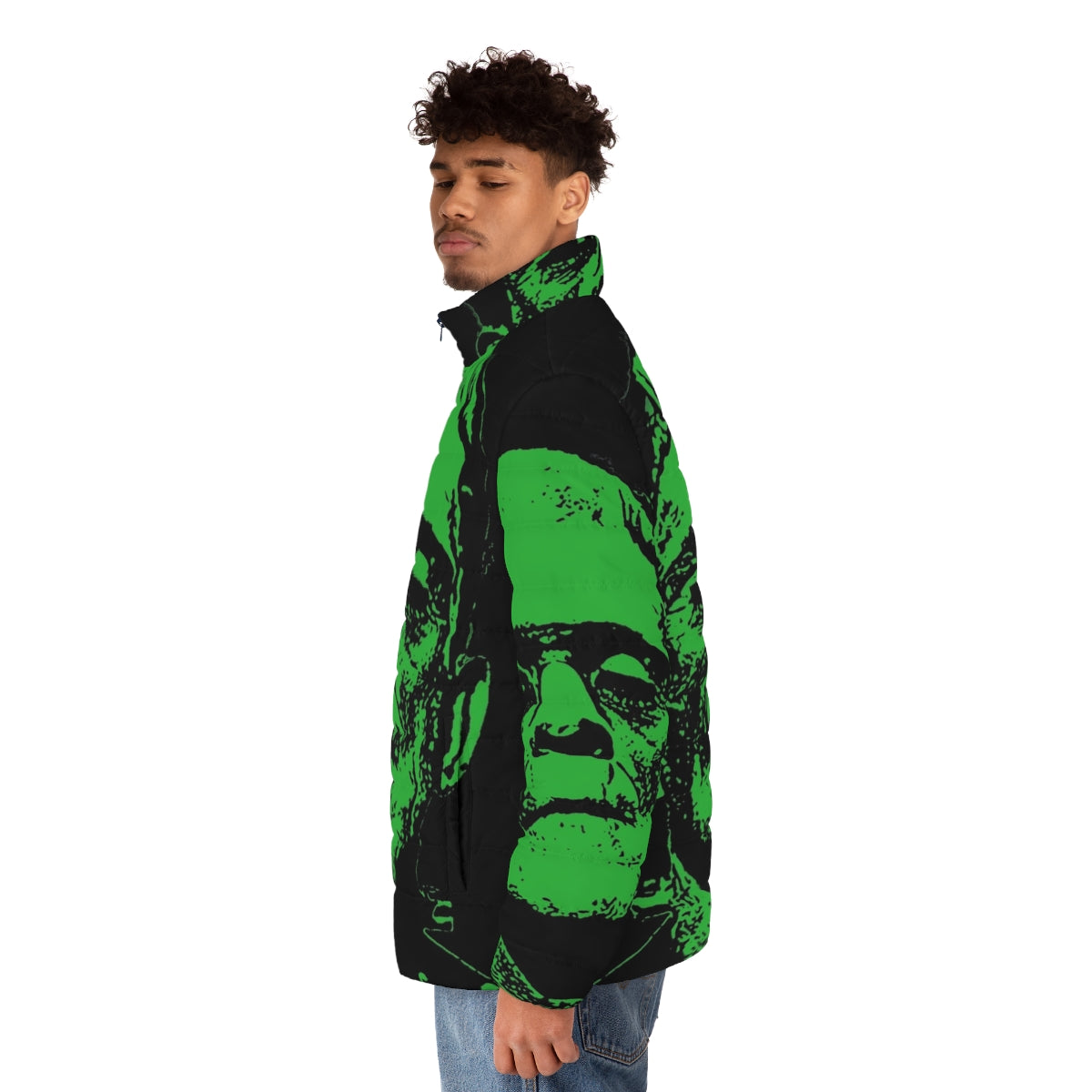 Frankenstein-inspired green puffer jacket with classic monster design - men side left