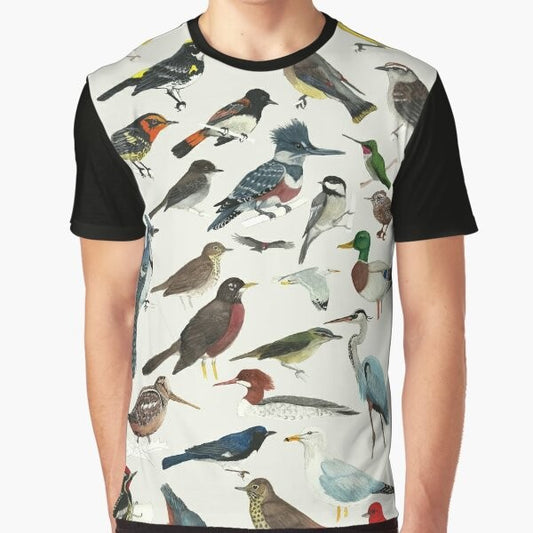 A stylish graphic t-shirt featuring a variety of birds, including the black-throated blue, blackburnian, and ruby-throated hummingbird, for bird lovers and nature enthusiasts.