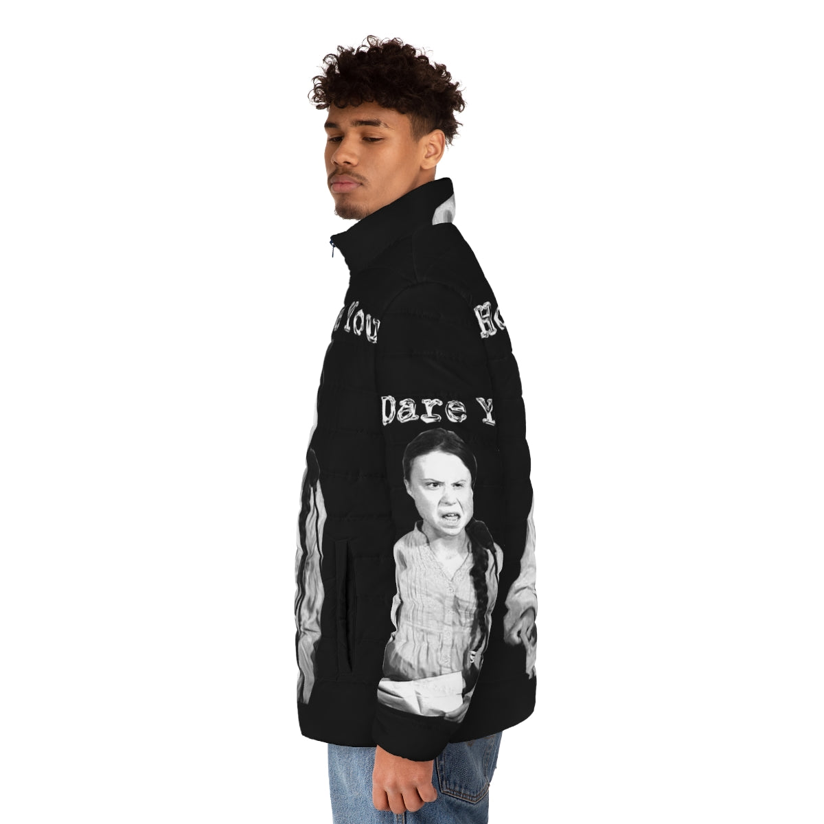 Greta Thunberg "How Dare You" climate change protest puffer jacket - men side left