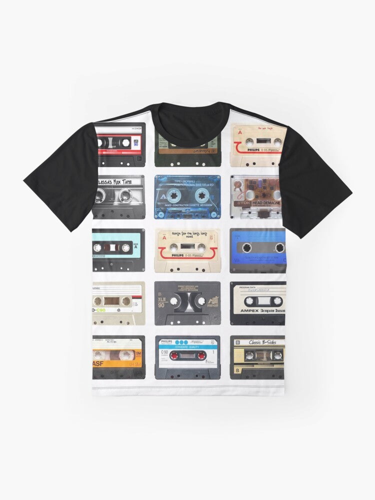 A music-themed graphic t-shirt with a retro, vintage, and cool design for fans of music, geek culture, and hip hop. - Flat lay