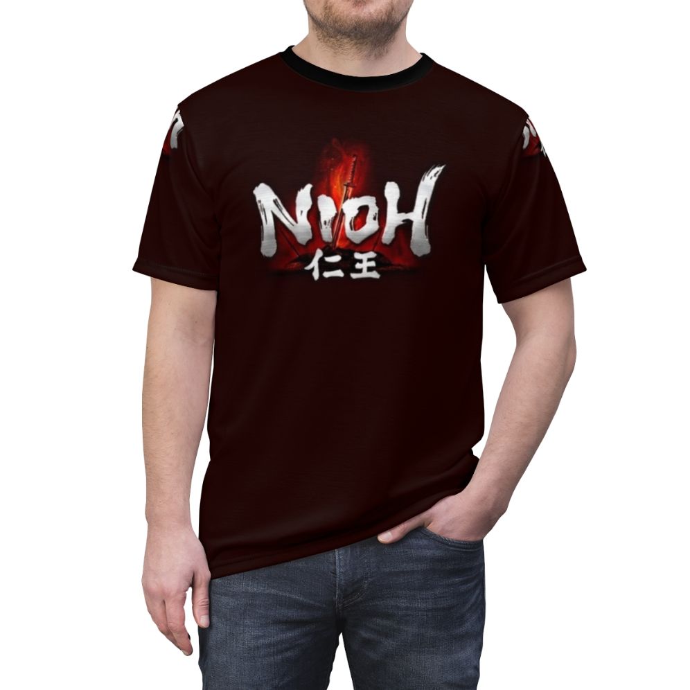 Nioh-inspired action RPG t-shirt with samurai and Japanese mythology imagery - men front