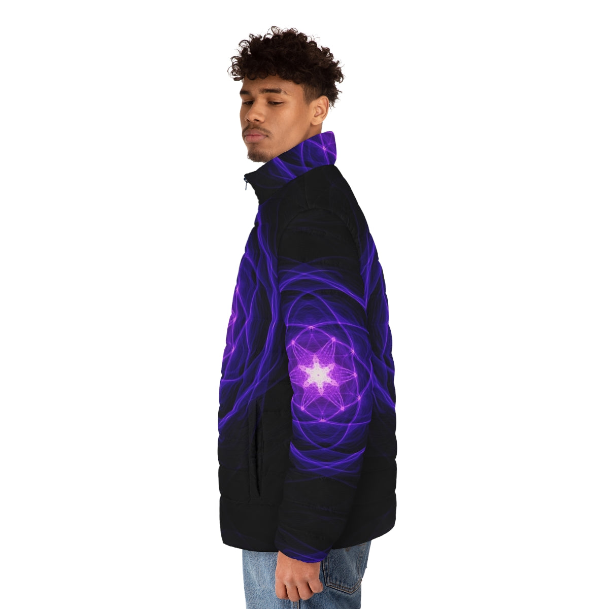 Energetic geometry indigo puffer jacket with sacred geometry elements - men side left