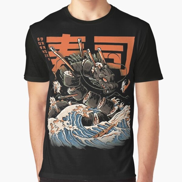 A vibrant graphic tee featuring a stylized dragon devouring sushi against a backdrop of the iconic Kanagawa wave, evoking the essence of Japanese culture and kaiju art.