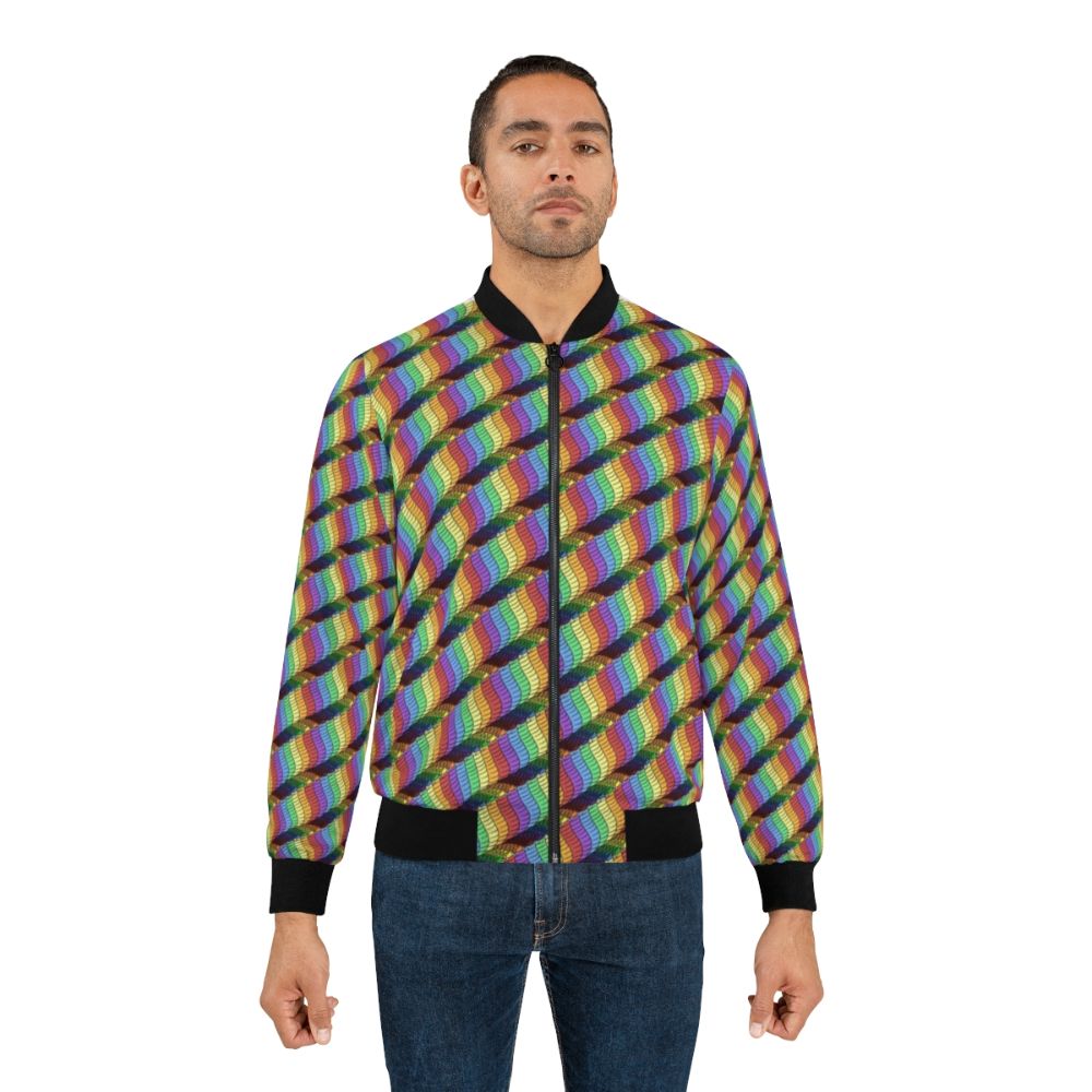 Colorful bomber jacket featuring a parade of fantasy snakes in a rainbow spectrum - Lifestyle