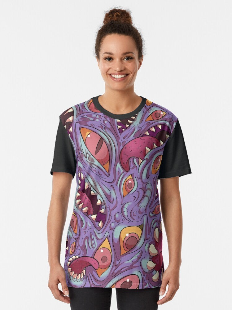 Lovecraftian-inspired graphic t-shirt featuring eldritch cthulhu monster with eyes, mouths, and fangs on a purple textured background. - Women