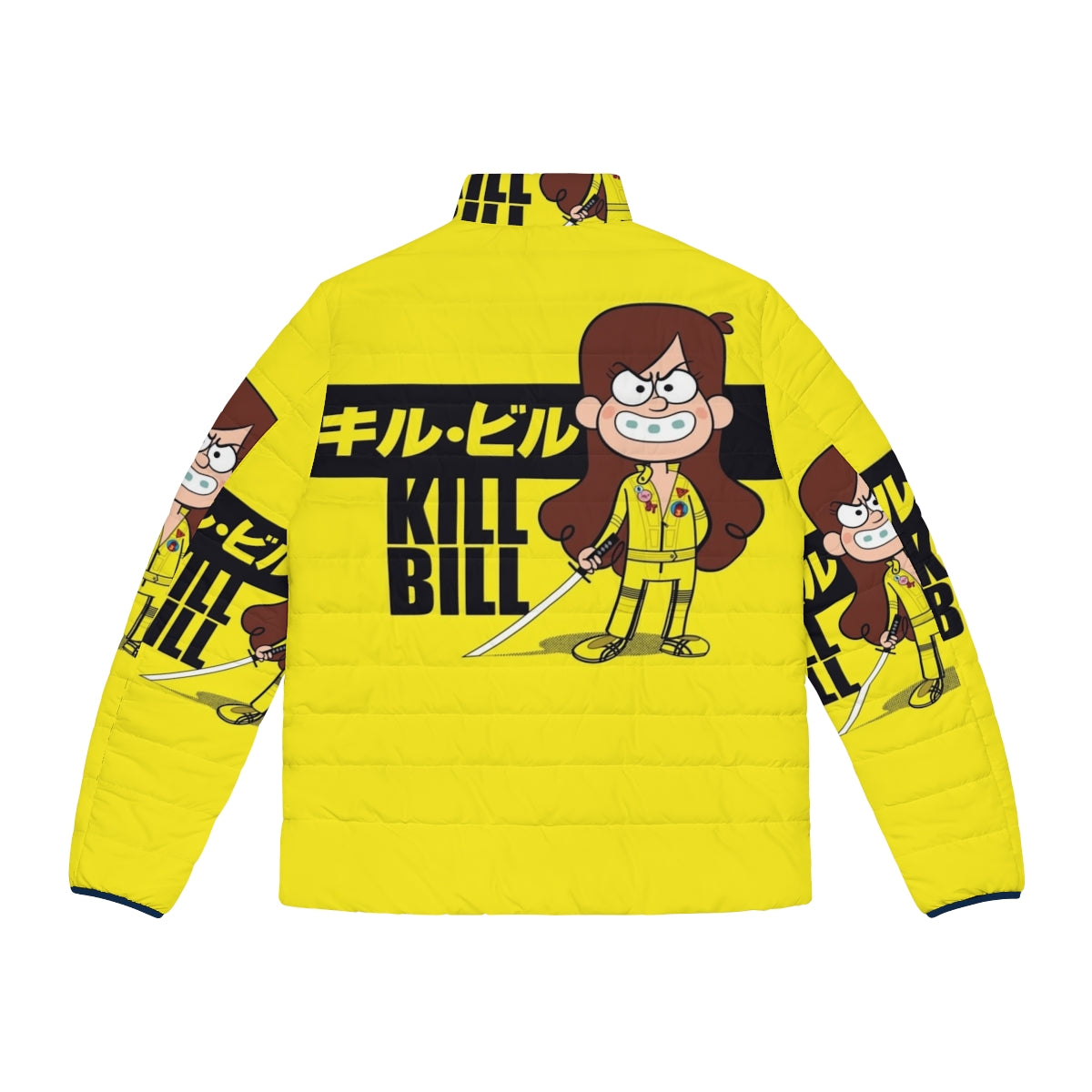 A stylish puffer jacket featuring iconic elements from the Kill Bill franchise and Gravity Falls universe - Back