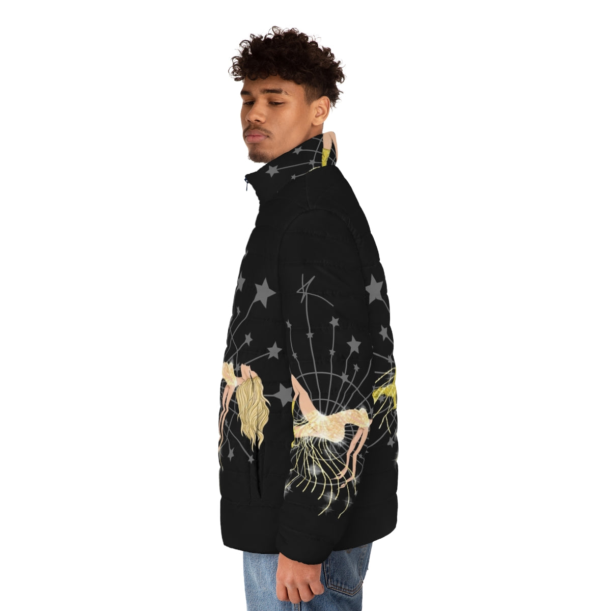 Shimmering Vegas High Puffer Jacket in a pop art style, featuring stars and Kylie Minogue inspiration - men side left