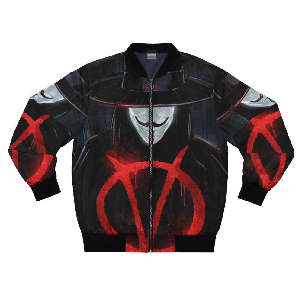 V for Vendetta inspired bomber jacket with Guy Fawkes mask design