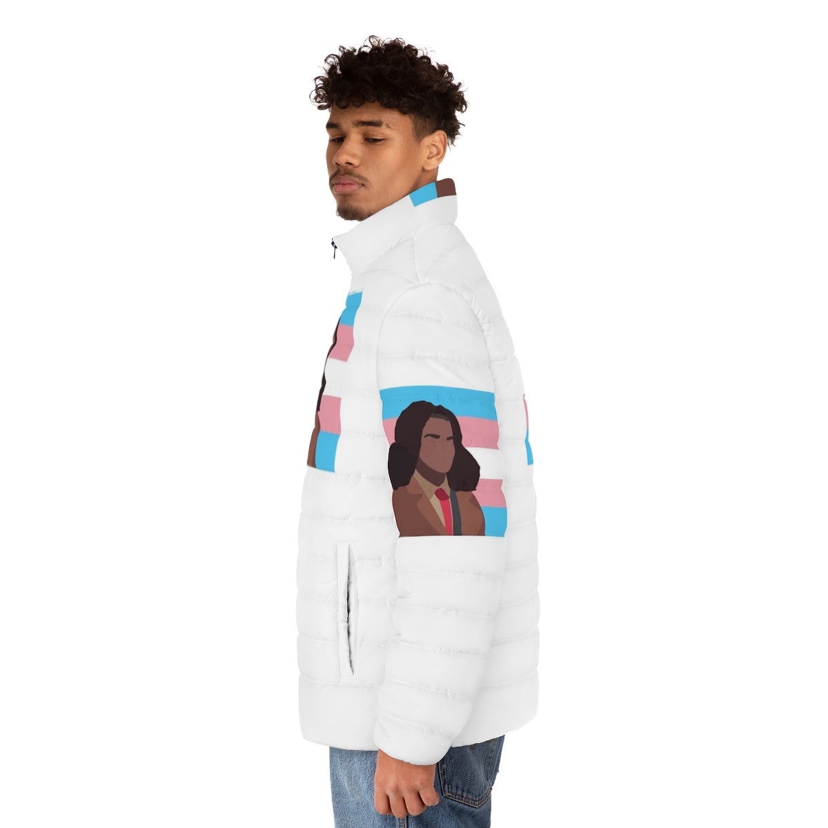 Elle Argent Trans Flag Puffer Jacket, Heartstopper Inspired LGBTQ+ Fashion - men side left