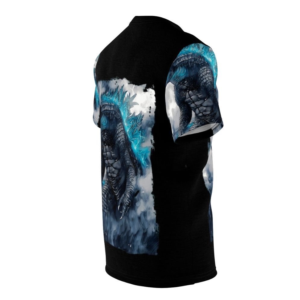 Vintage monster movie inspired all-over print t-shirt featuring a classic Godzilla-style design - men right