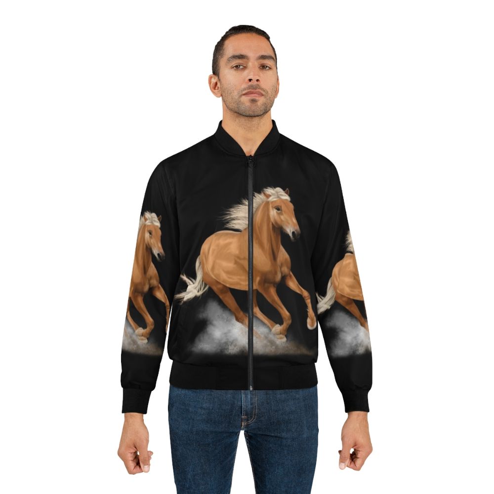 A bomber jacket featuring a running palomino horse painting - Lifestyle