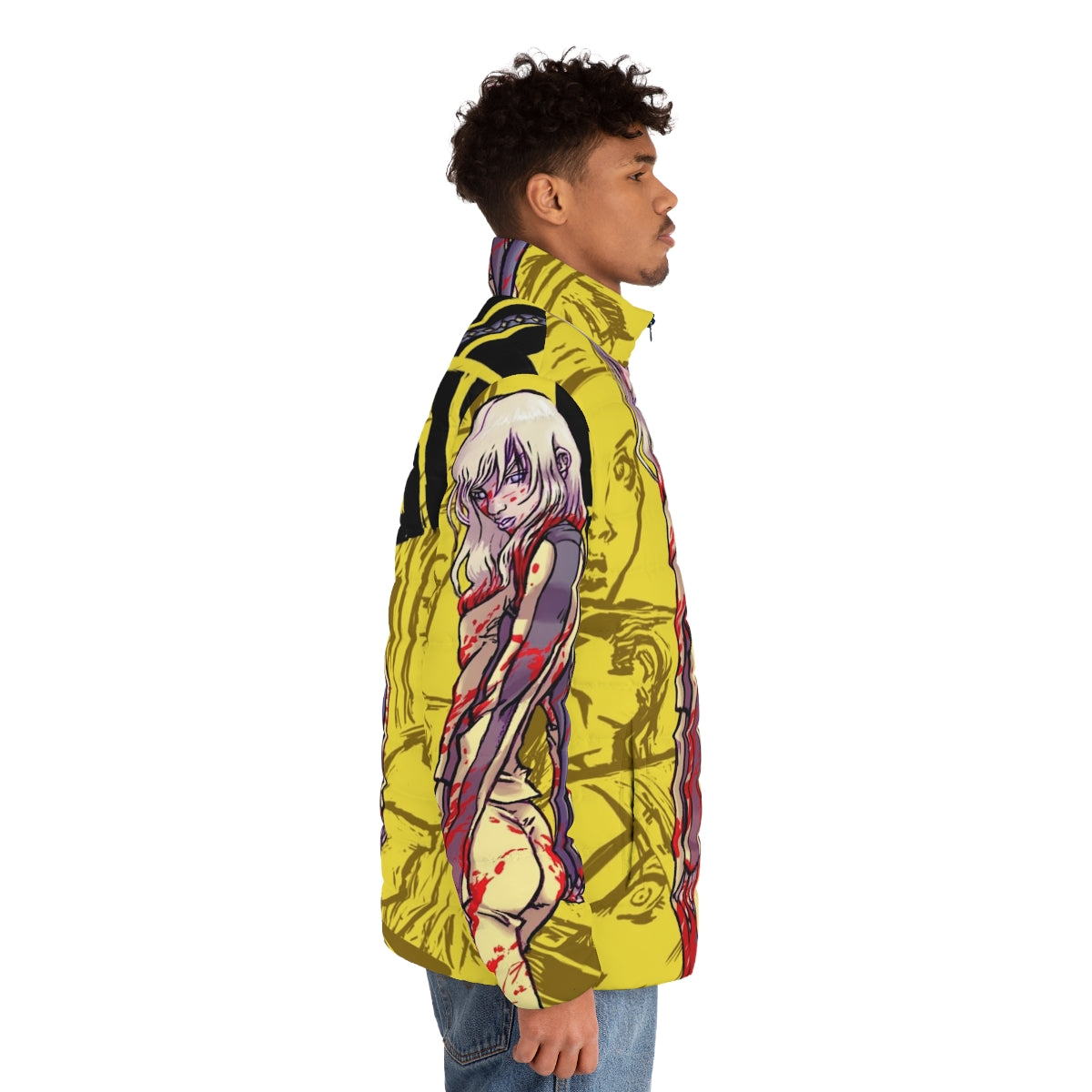 Kill Bill inspired puffer jacket featuring ninja-style design elements - men side right