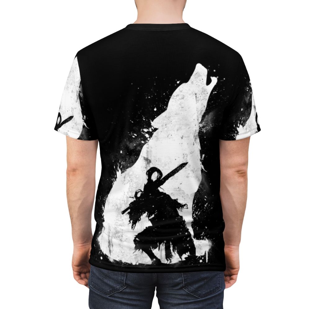 Abyss Warrior Dark Fantasy T-Shirt featuring Artorias, Sif, and the Abyss from Dark Souls - men back