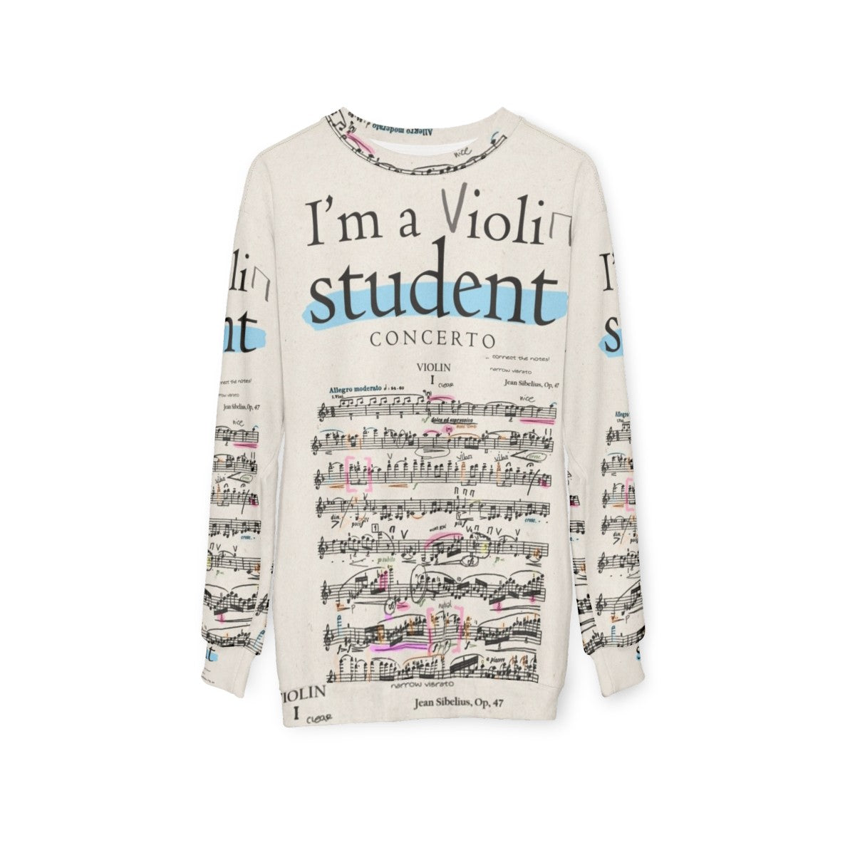 Violin student sweatshirt with classical music notes and design - hanging