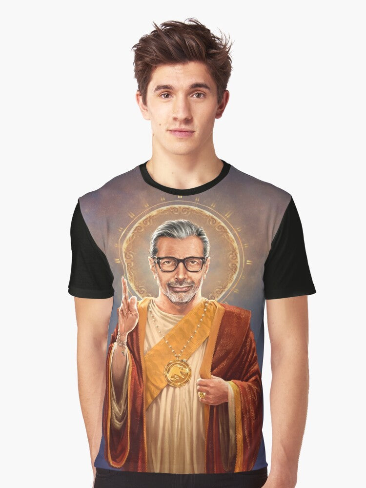 Graphic t-shirt featuring a religious-inspired pop art portrait of actor Jeff Goldblum, known as the "pop culture icon." - Men