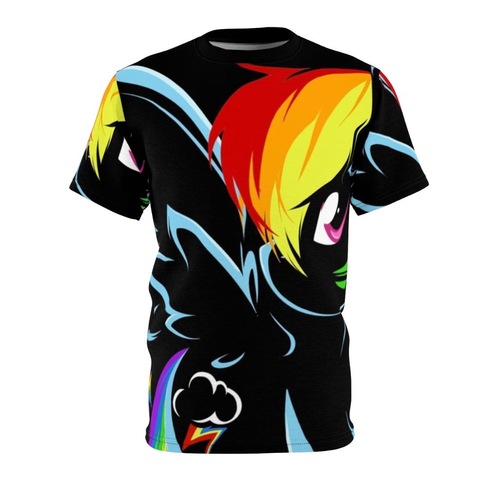 Vibrant t-shirt design featuring a rainbow-colored horse inspired by the My Little Pony animation series.