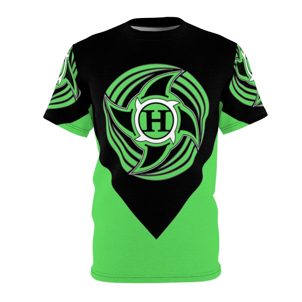 Vintage-style green t-shirt featuring a hurricane logo and wrestling-inspired graphics