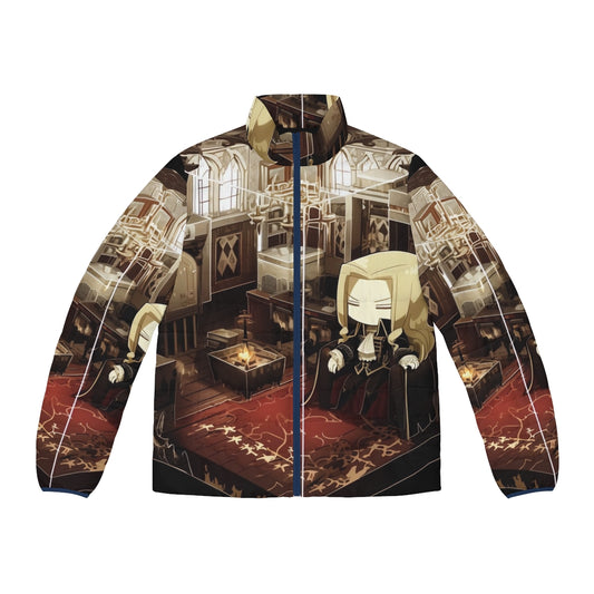 Alucard Terrarium Puffer Jacket featuring a chibi Alucard design and terrarium elements