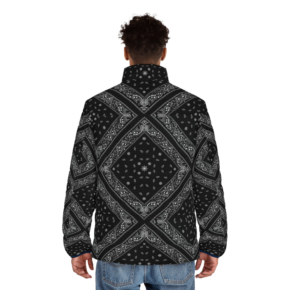 A stylish black puffer jacket with a repeating bandana pattern - men back