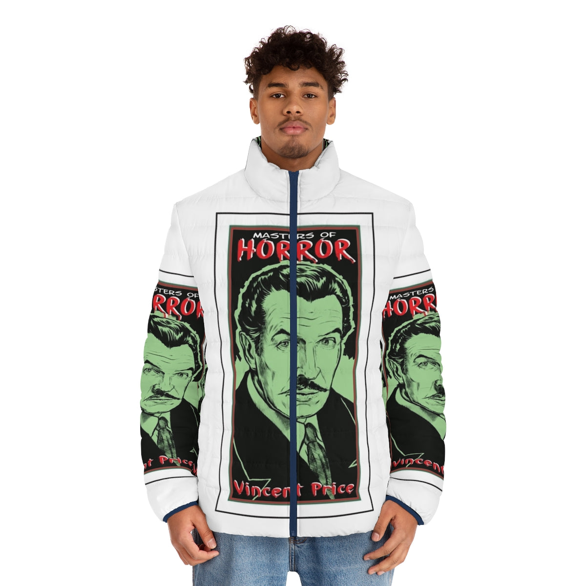 Vincent Price Master of Horror Puffer Jacket with horror movie icons - men front