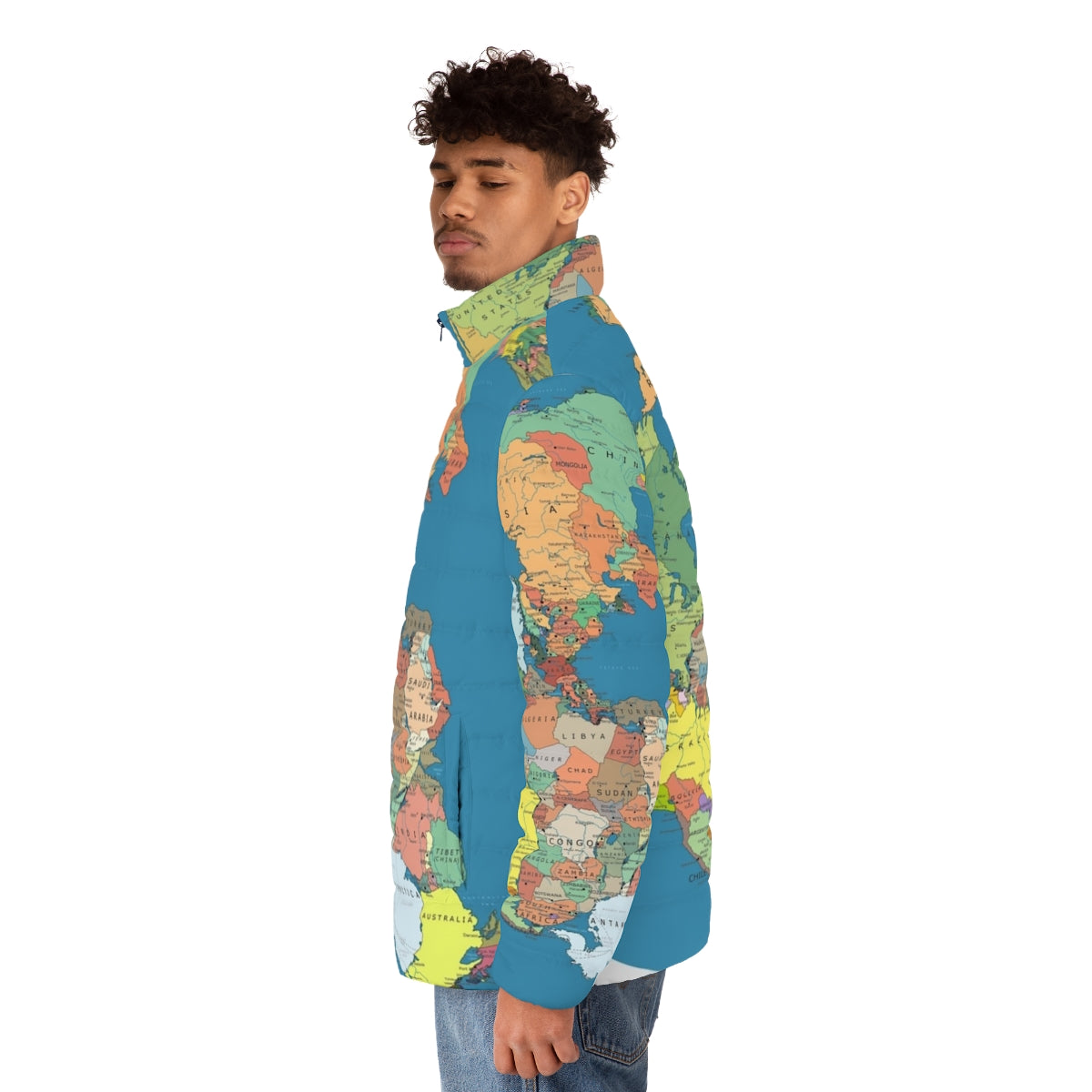 Pangaea puffer jacket with world map and continental drift design - men side left