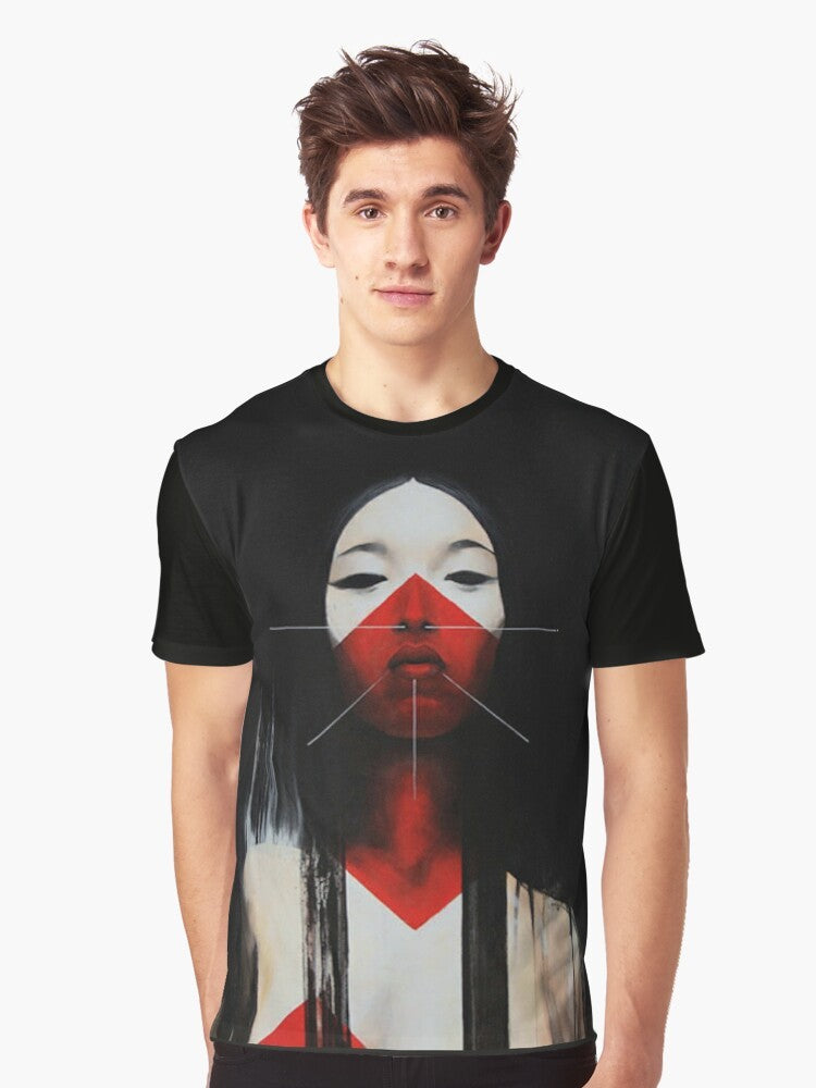 A striking black and red t-shirt featuring a captivating Japanese illustration with a cyberpunk, futuristic vibe. - Men